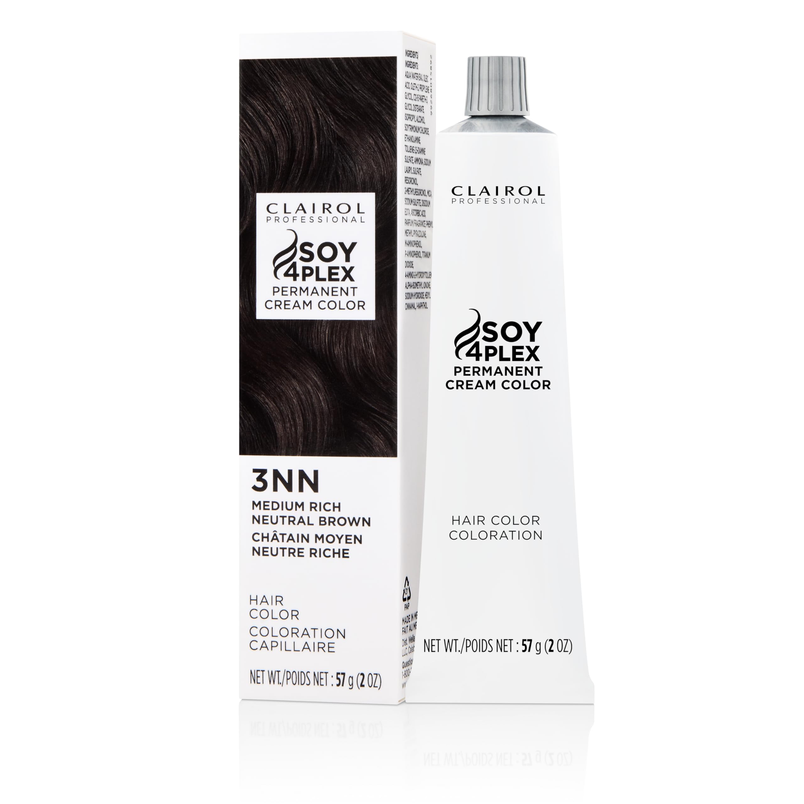 Clairol Professional Creme Permanente bottle in 3nn Med Neutral Brown for even color results.