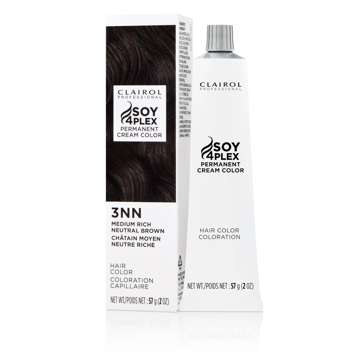 Clairol Professional Creme Permanente bottle in 3nn Med Neutral Brown for even color results.