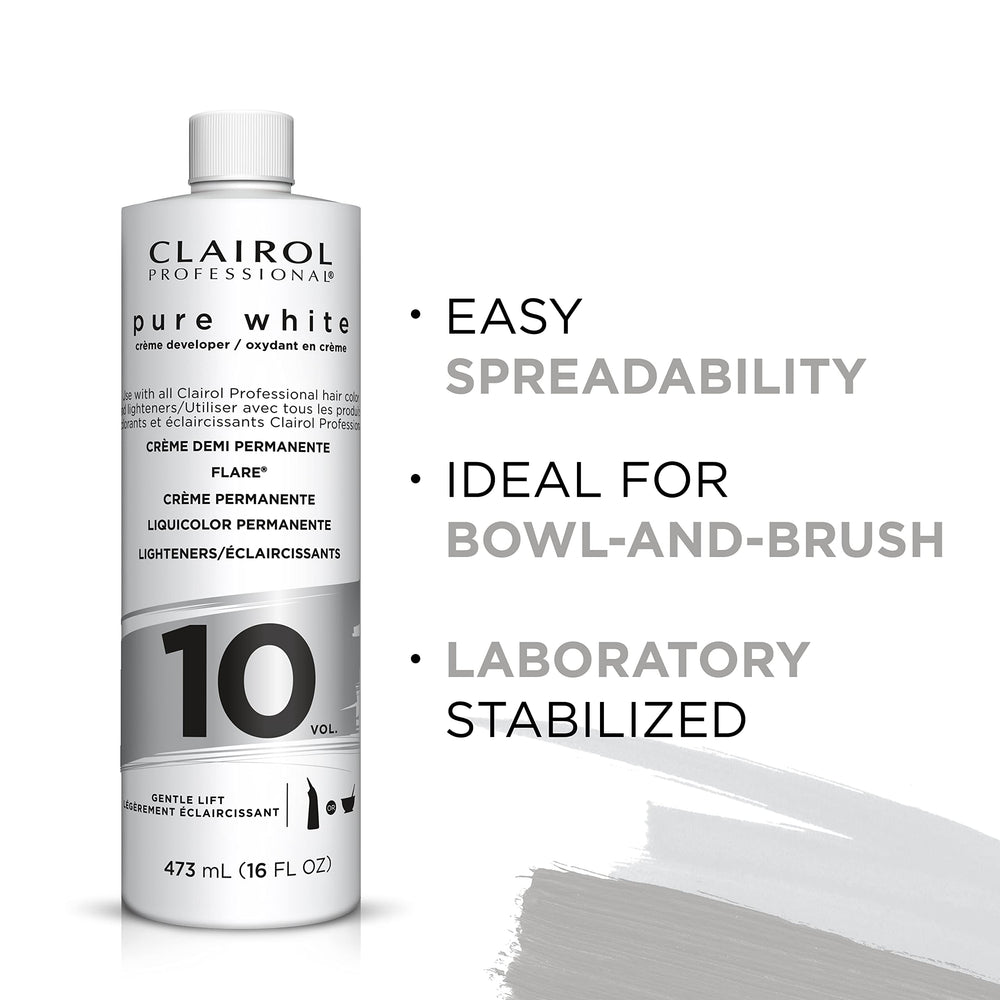 Packaging display of Clairol Professional Pure White 16 oz bottle