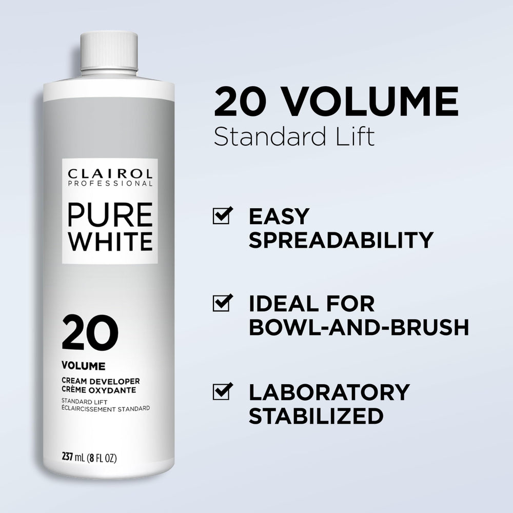 Clairol Professional Pure White 20 Volume Creme Developer shows creamy, smooth mixing texture
