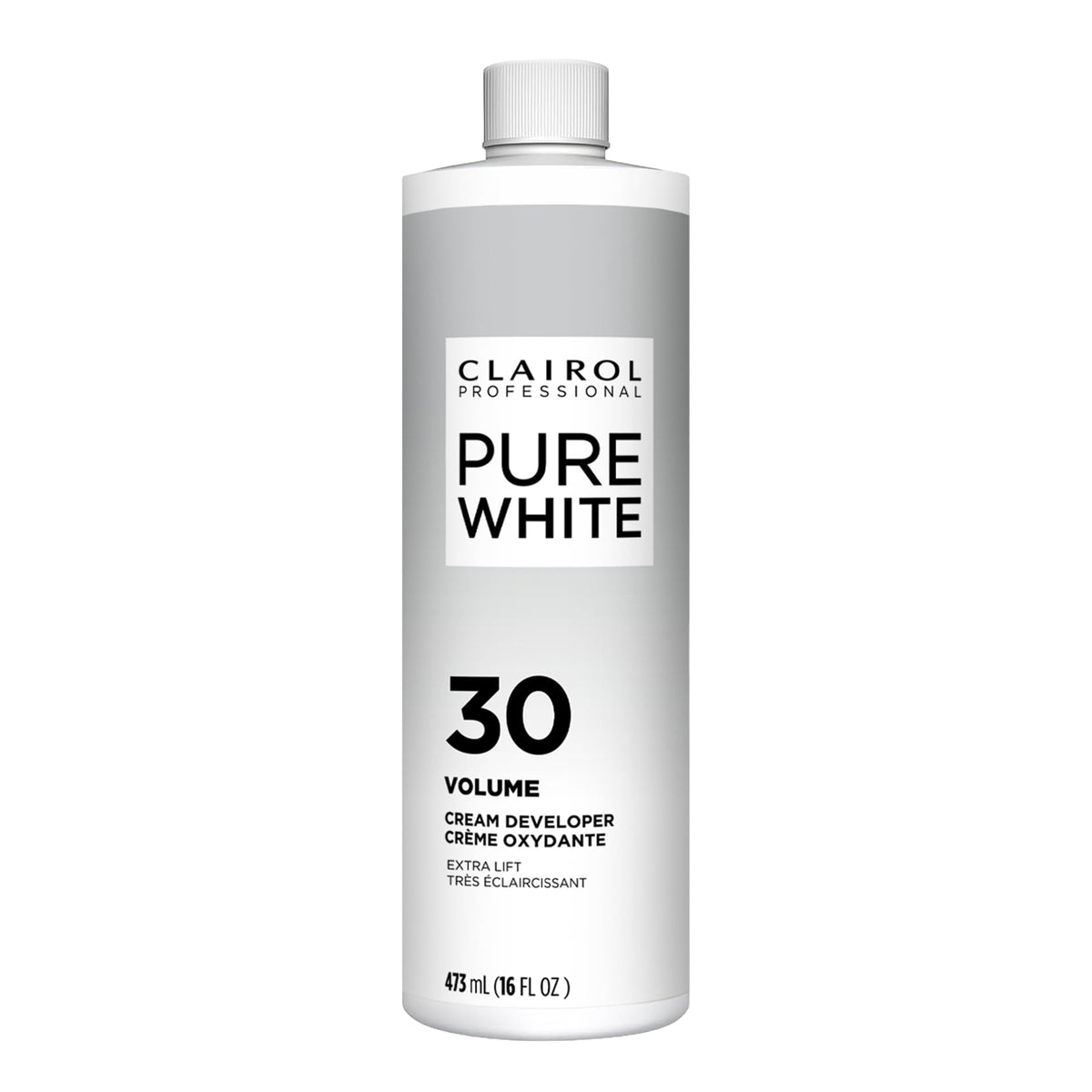 Clairol Professional Pure White Creme Developer bottle ready for bowl-and-brush mixing.