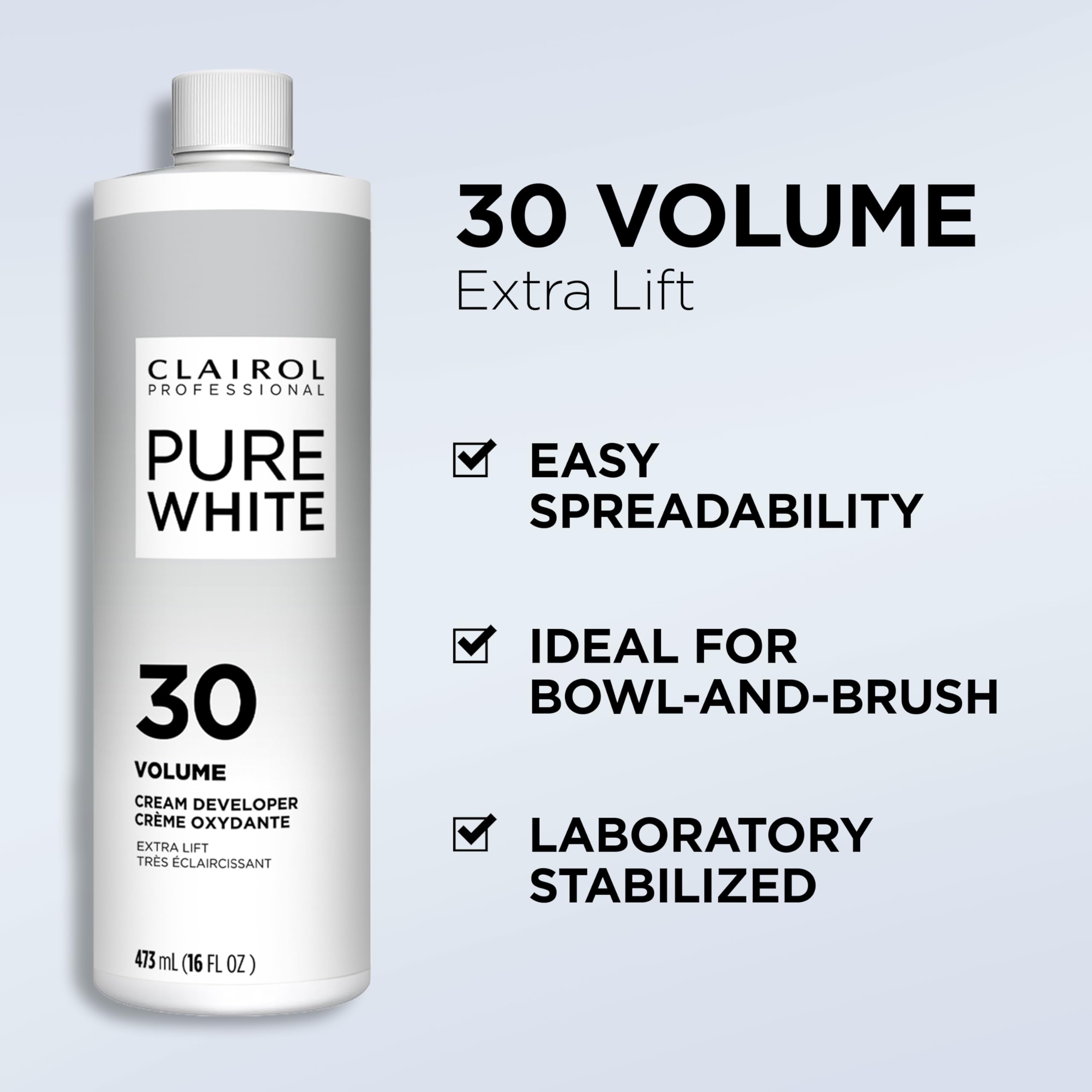 Clairol Professional Pure White Creme Developer in a bowl shows thick, opaque consistency.