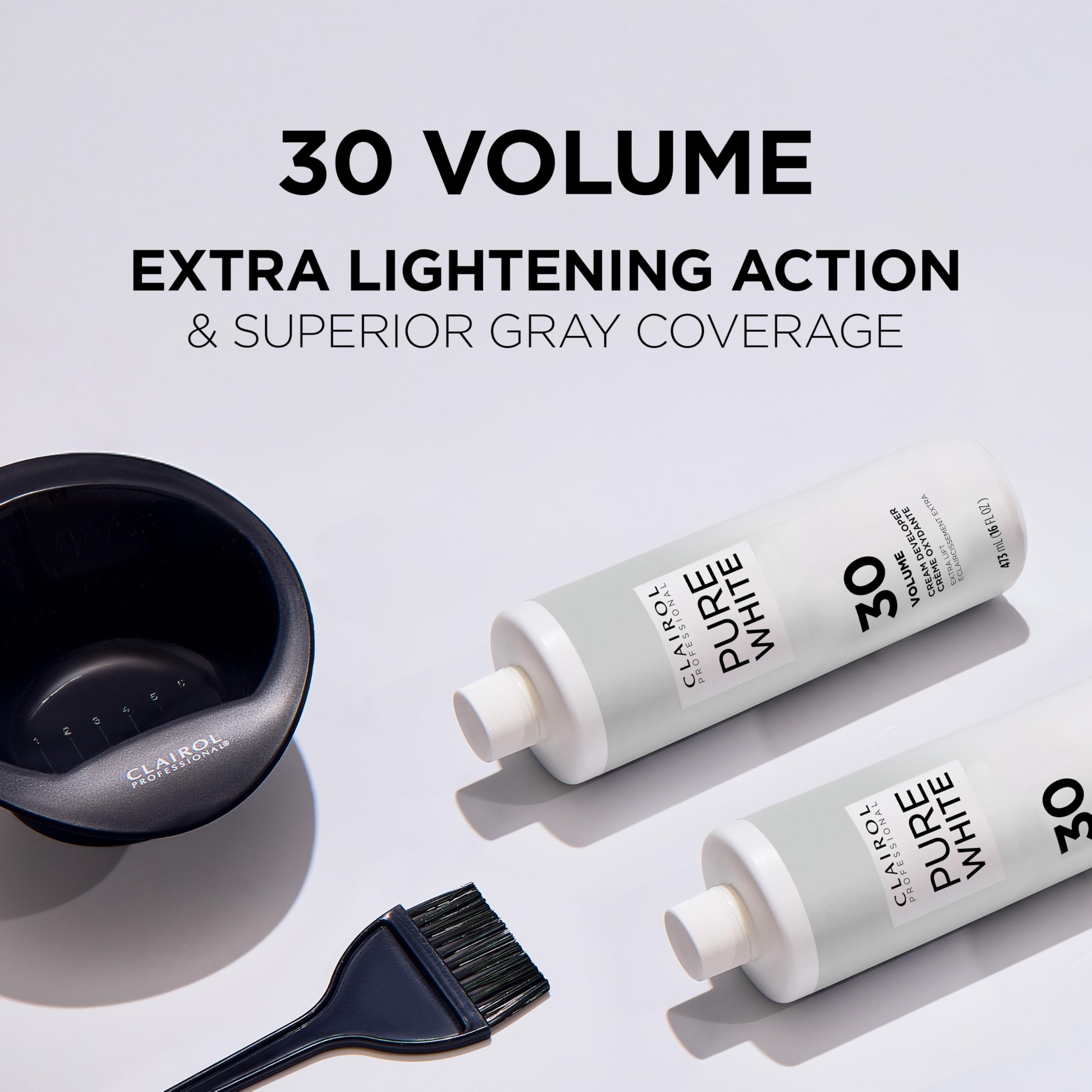 Clairol Professional Pure White Creme Developer includes conditioners for smoother processing.