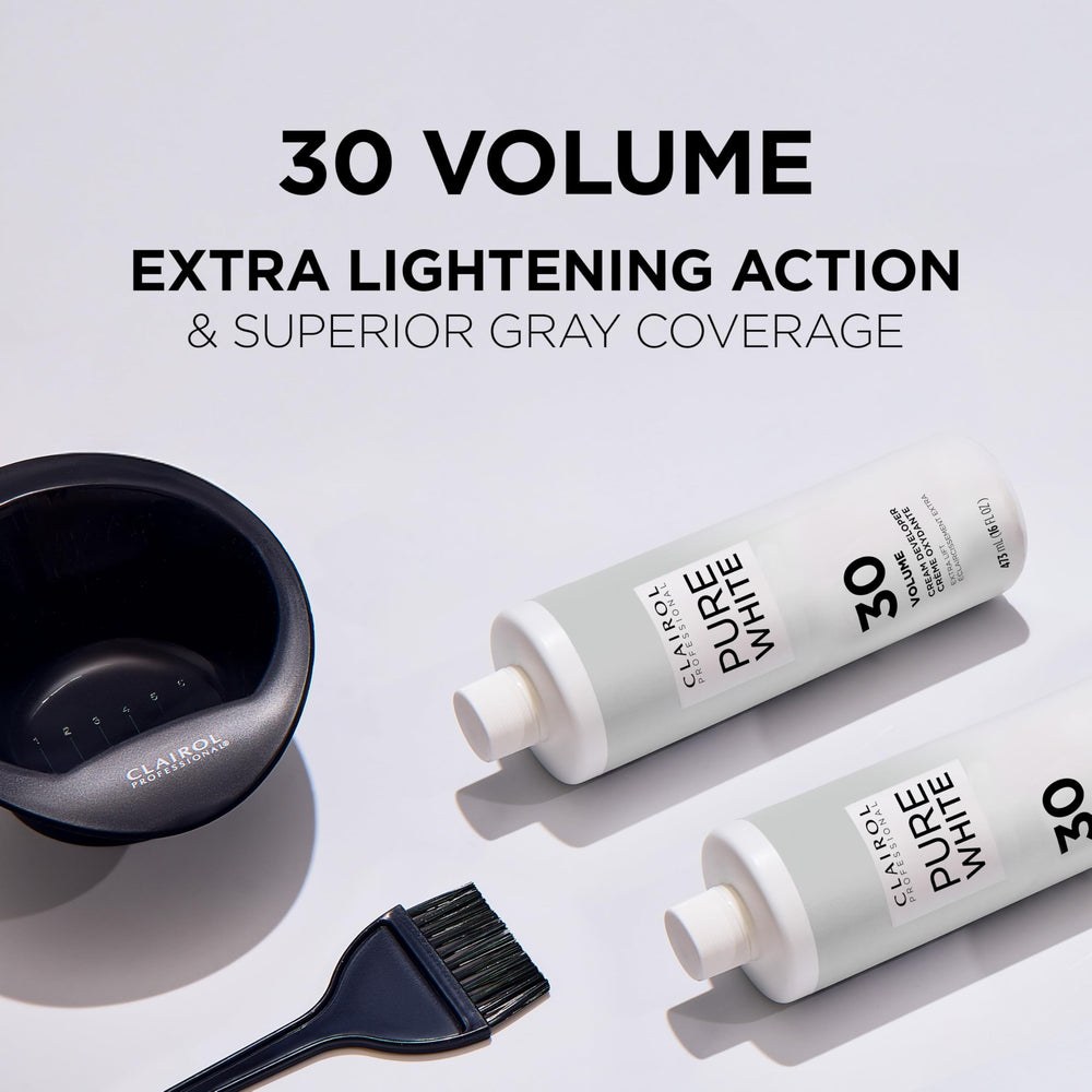 Clairol Professional Pure White Creme Developer includes conditioners for smoother processing.