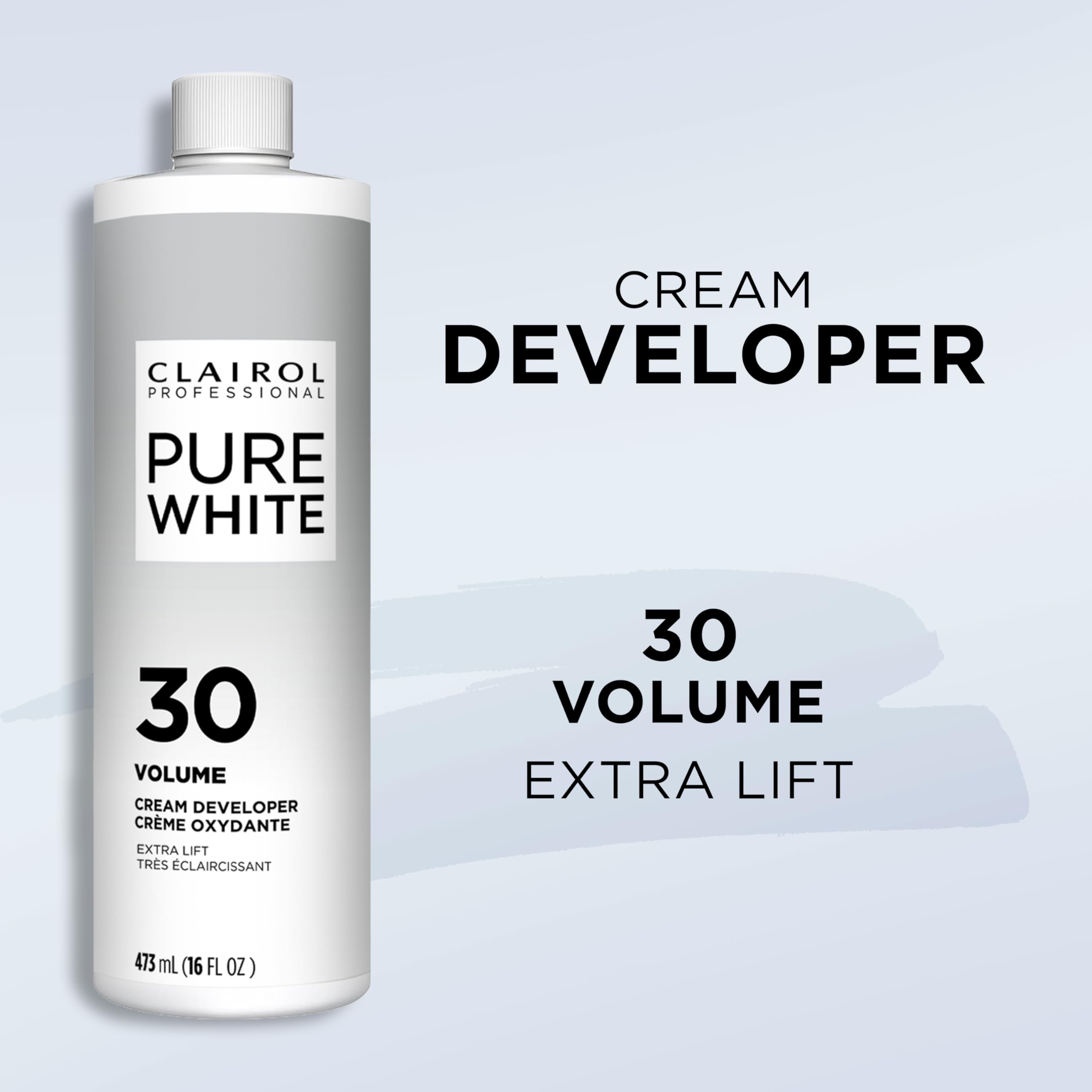 Clairol Professional Pure White Creme Developer supports standard lightening and gray coverage.