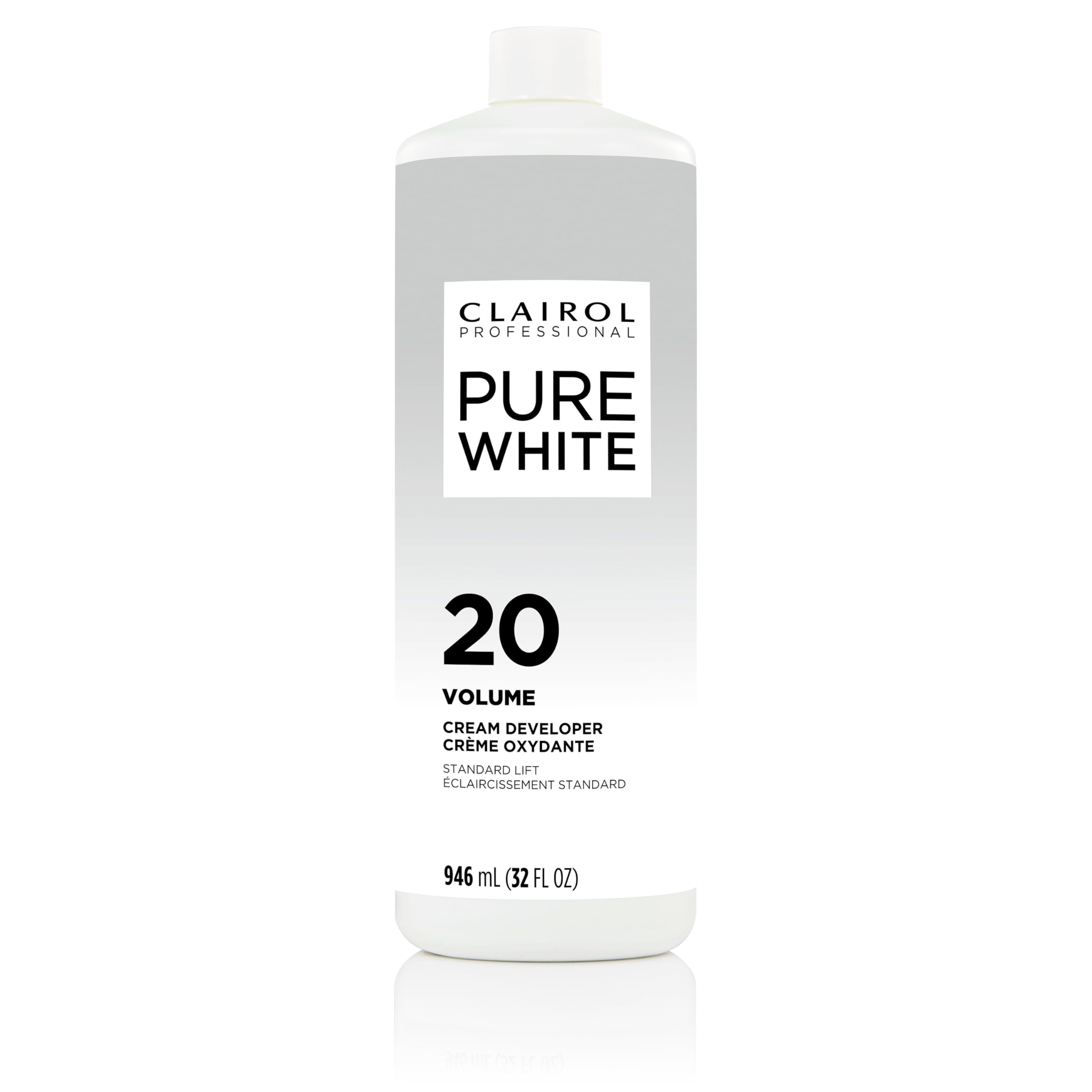 Clairol Professional Pure White Creme Developer bottle for reliable bowl-and-brush mixing and even lift preparation