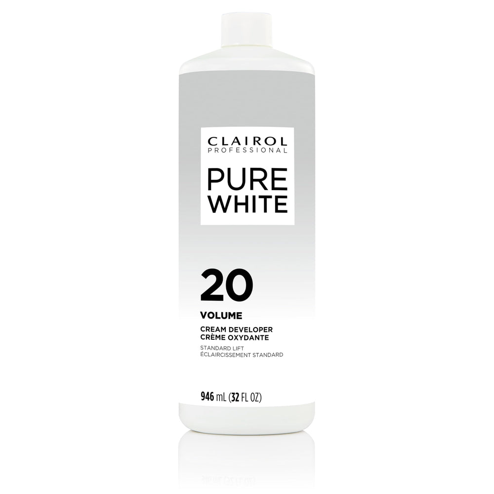 Clairol Professional Pure White Creme Developer bottle for reliable bowl-and-brush mixing and even lift preparation