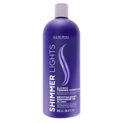 Clairol Professional Shimmer Lights Purple Conditioner bottle neutralizes brass while moisturizing hair