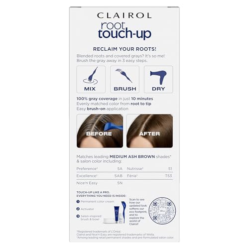 Clairol Root Touch-Up shows 10-minute gray coverage for fast touch-ups.