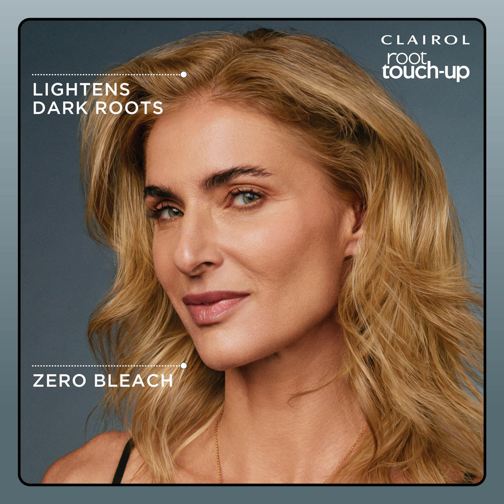 Clairol Root Touch-Up before-and-after blend on blonde model.