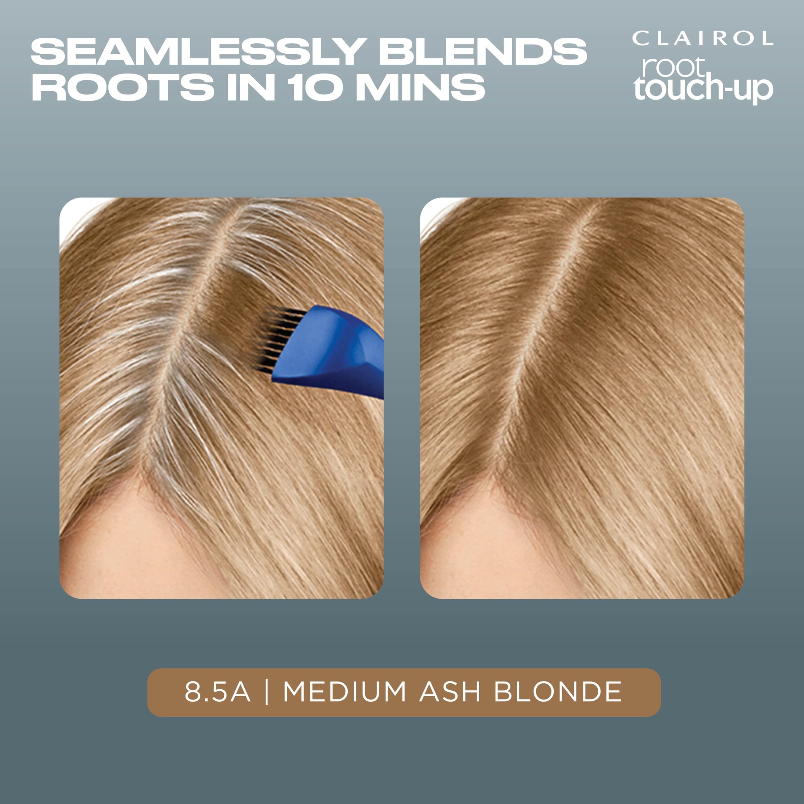 Clairol Root Touch-Up color swatches showing medium ash blonde blend options.