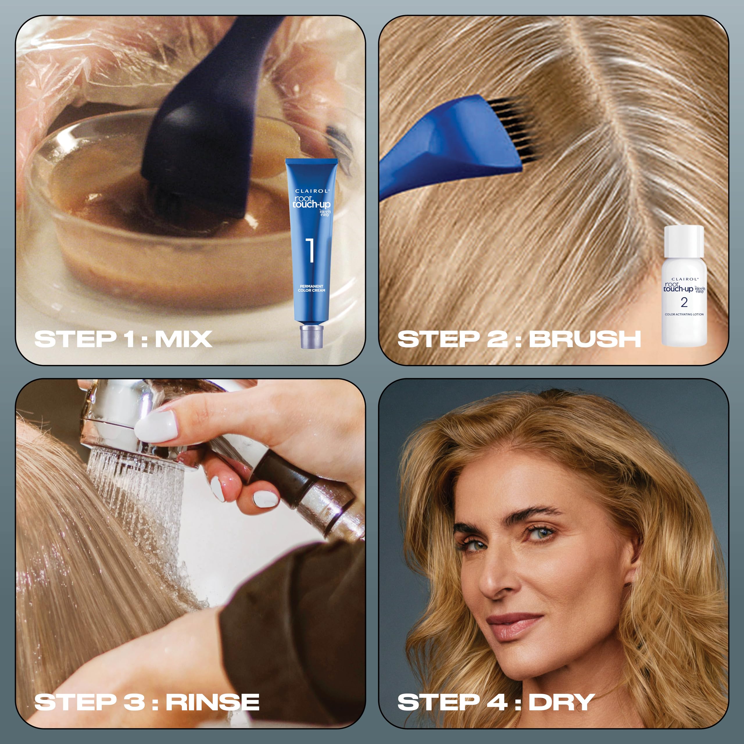 Clairol Root Touch-Up finished blonde look with even shade.