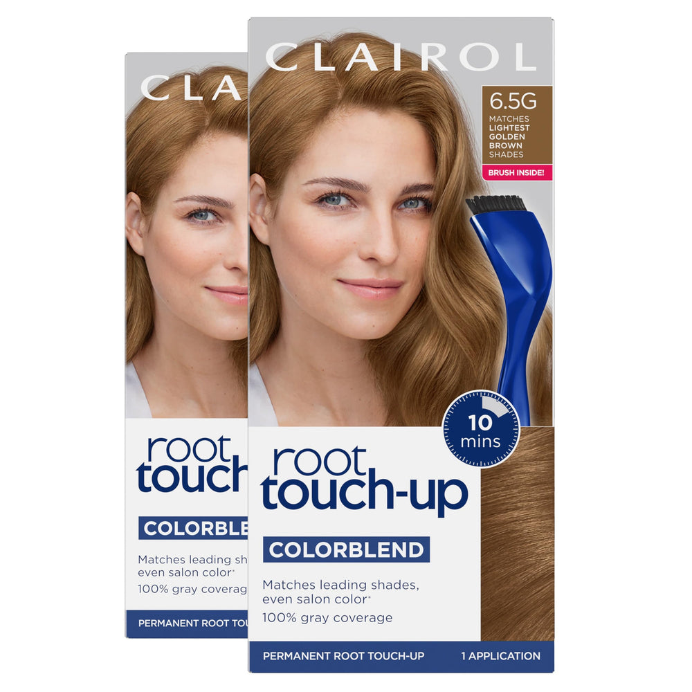 Clairol Root Touch-Up kit with bottle and brush for quick at-home refresh.