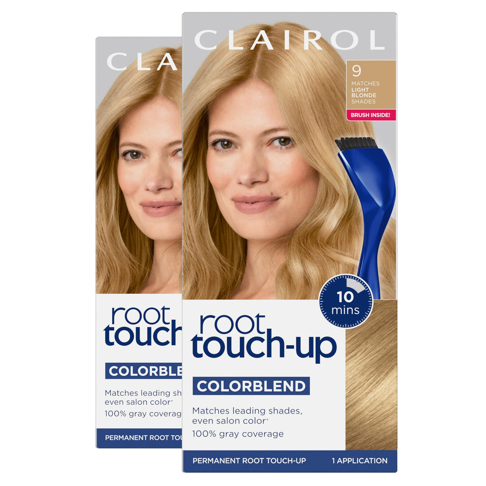 Clairol Root Touch-Up kit with brush and bowl for easy at-home color refresh.