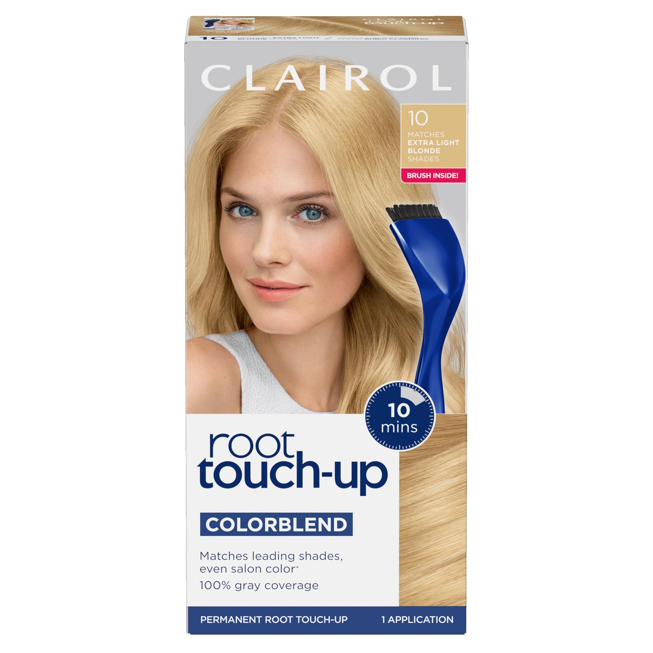 Clairol Root Touch-Up kit shown with brush and bowl for at-home color refresh.