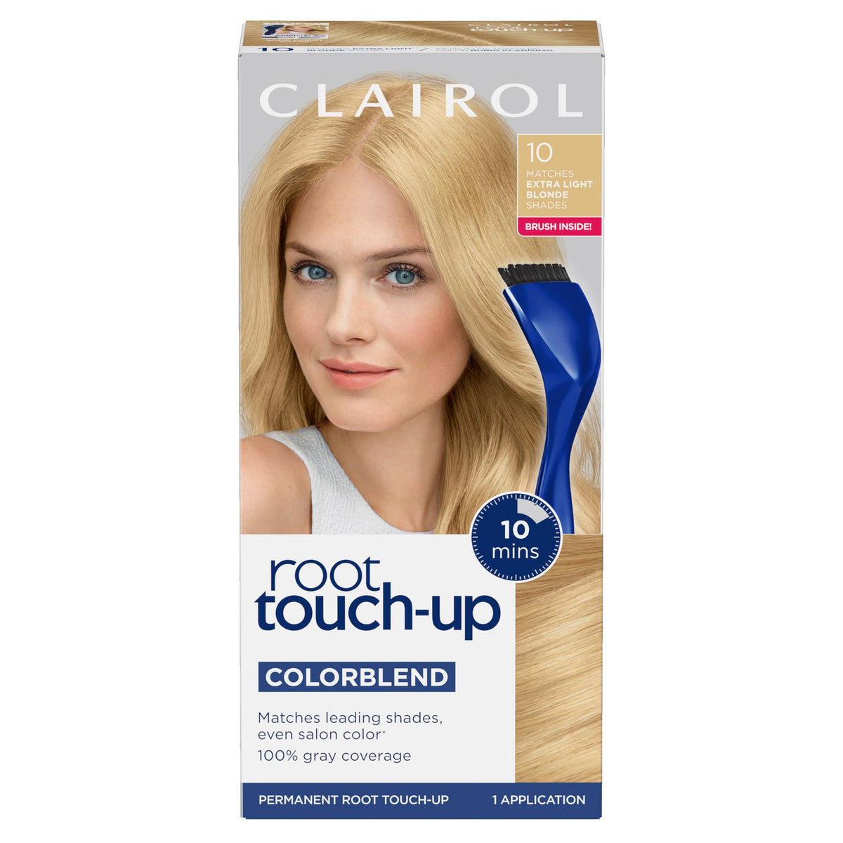 Clairol Root Touch-Up kit shown with brush and bowl for at-home color refresh.