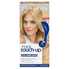 Clairol Root Touch-Up kit shown with brush and bowl for at-home color refresh.