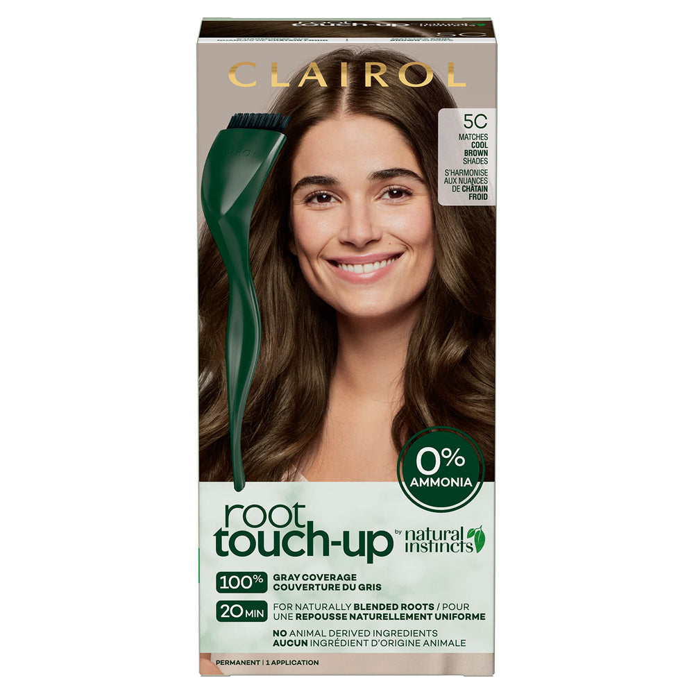 Clairol Root Touch-Up Natural Instincts packaging shows 5C Cool Brown shade for quick reference