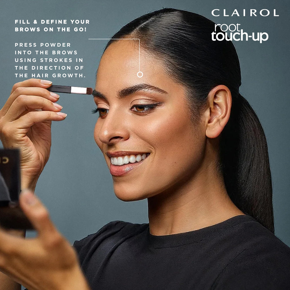 Clairol Root Touch-Up Powder packaging shown for travel-friendly touch-ups.