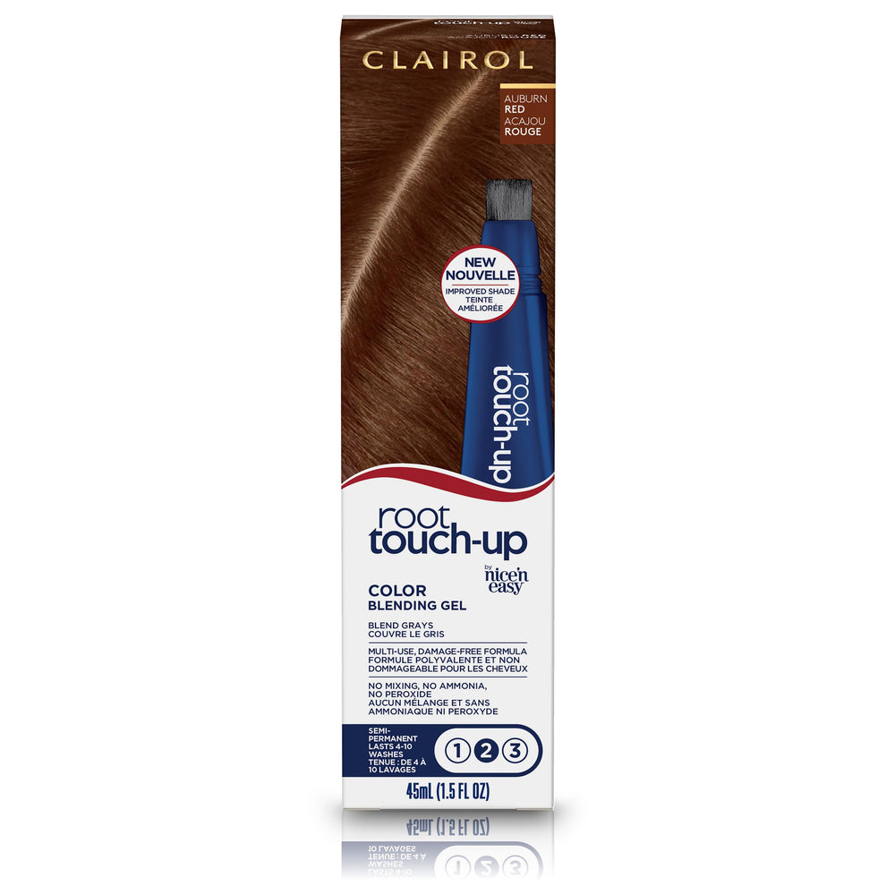 Clairol Root Touch-Up gel applying color to 5R Auburn red for quick gray blending
