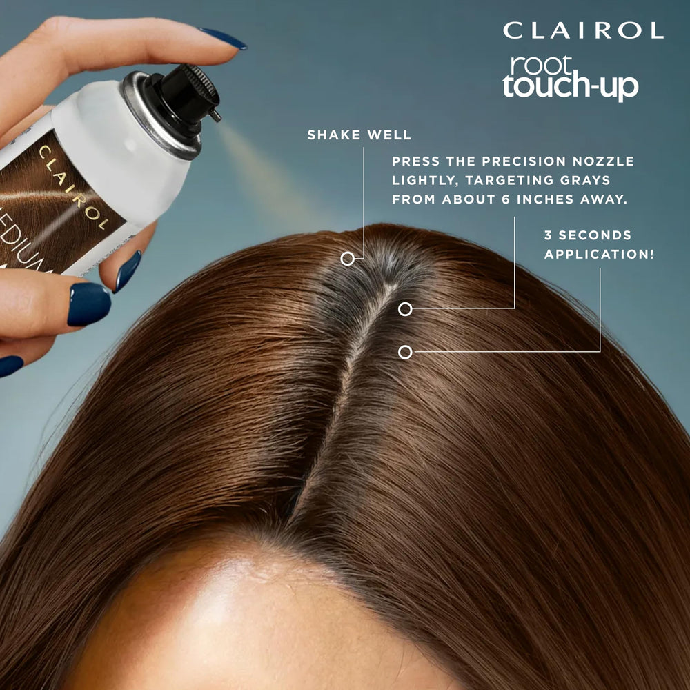 Clairol Root Touch-Up Spray dark brown nozzle dispensing evenly on roots.