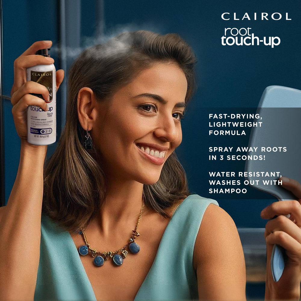 Clairol Root Touch-Up Spray dark brown swatch showing natural blend on hair roots.
