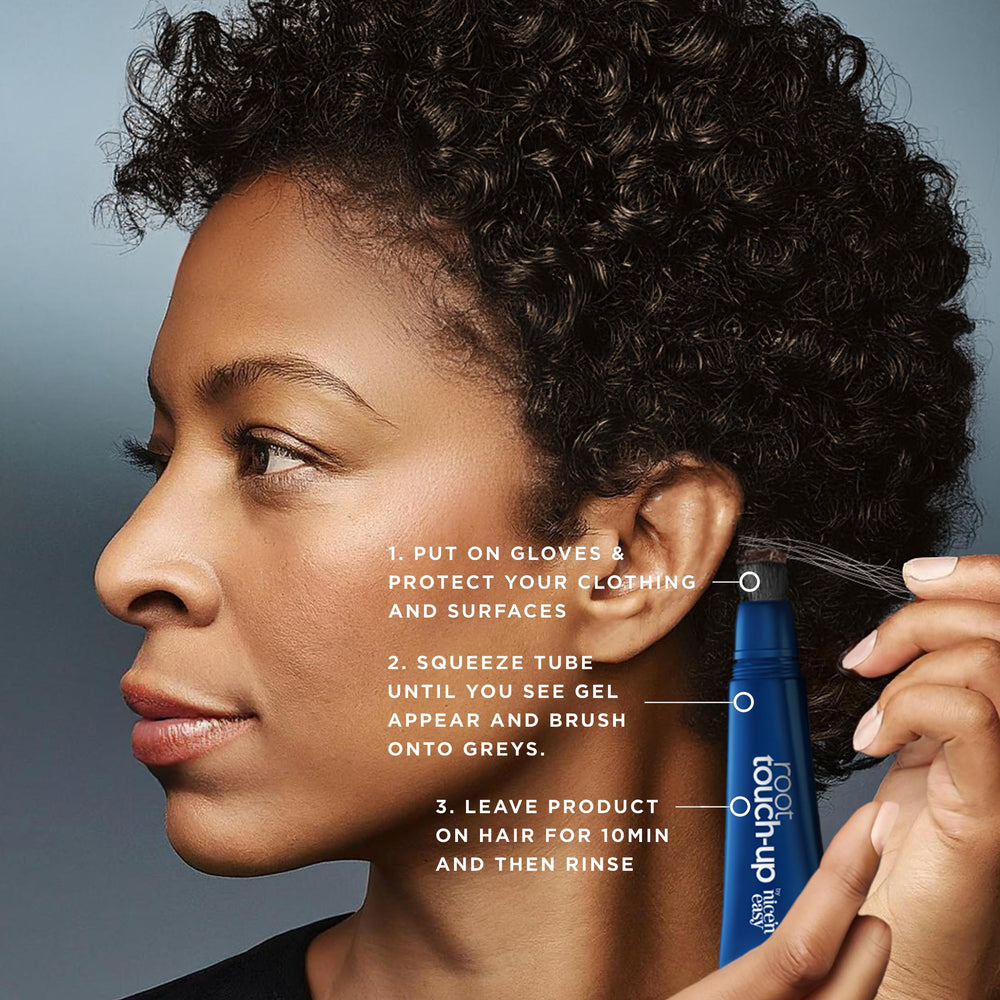 Clairol temples, roots, and hairline application for seamless blending.