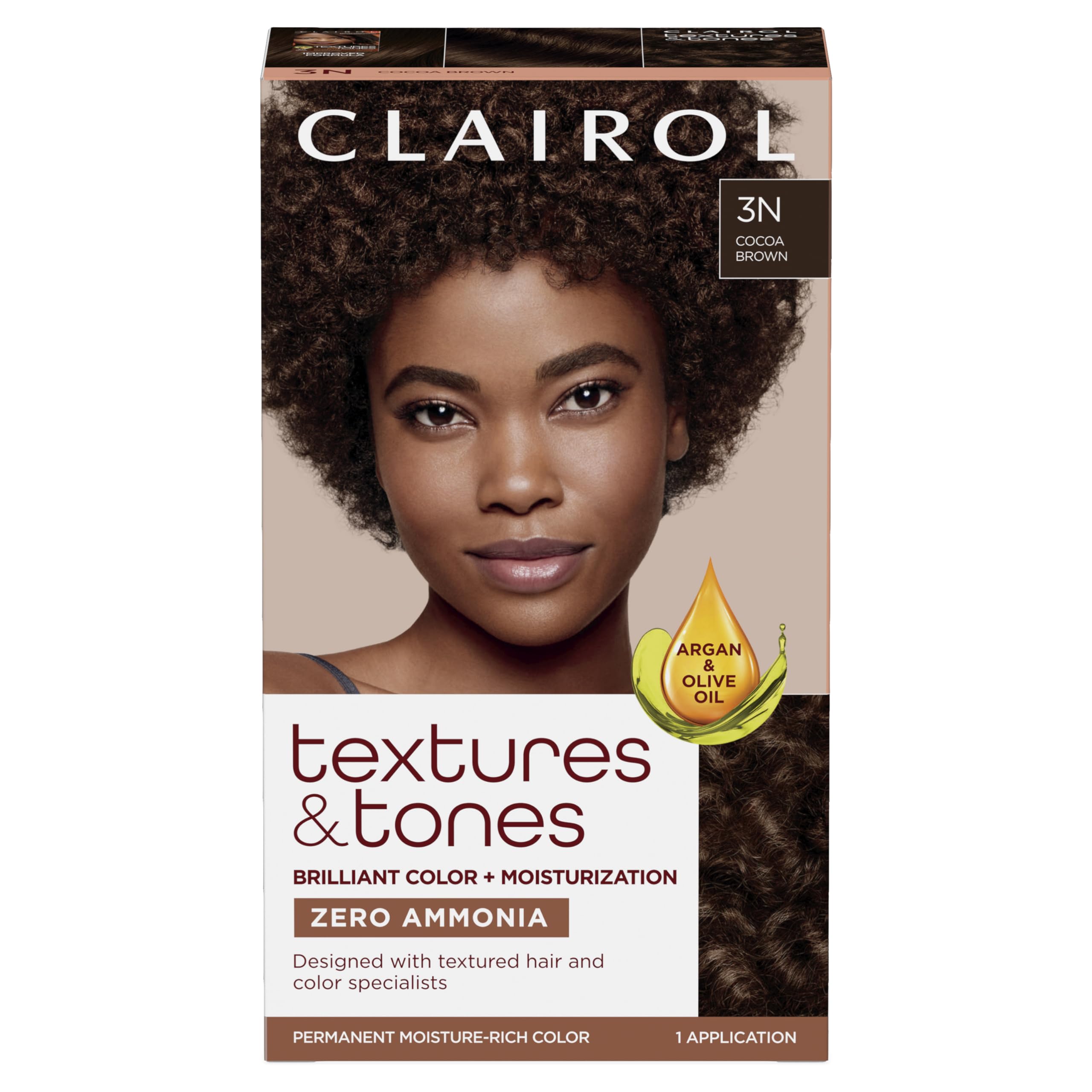 Clairol Textures & Tones 3N Cocoa Brown dye box shows zero ammonia for moisture-rich color