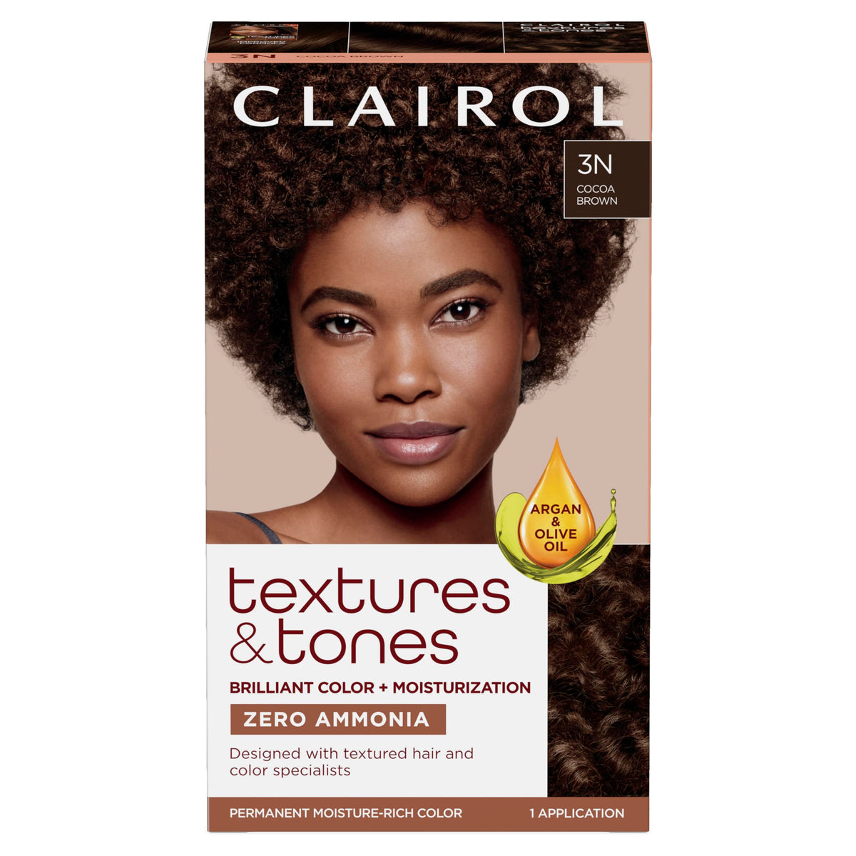 Clairol Textures & Tones 3N Cocoa Brown dye box shows zero ammonia for moisture-rich color