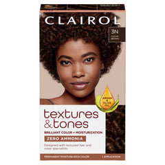 Clairol Textures & Tones 3N Cocoa Brown dye box shows zero ammonia for moisture-rich color