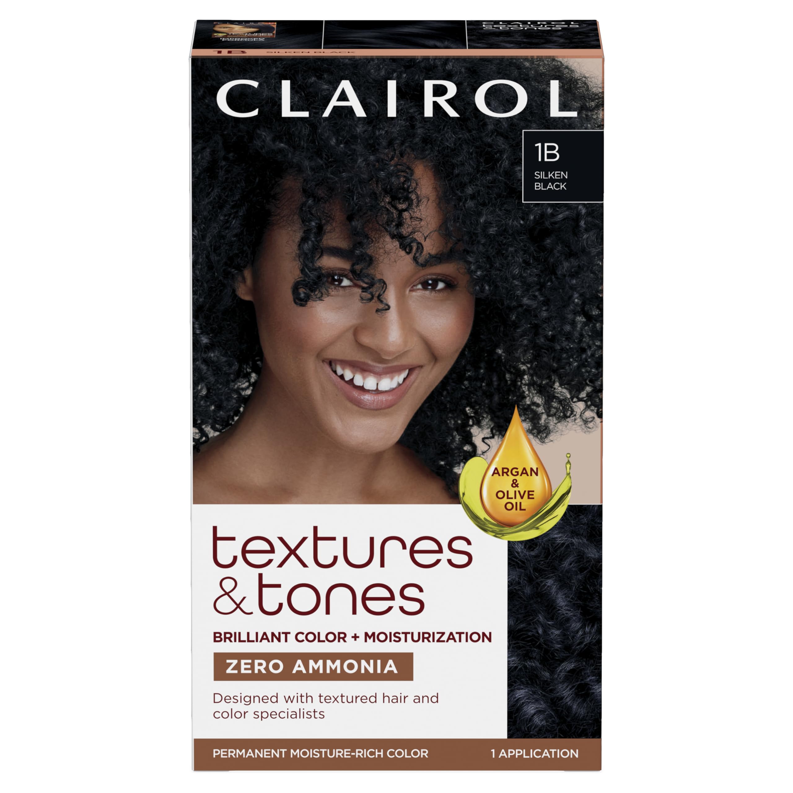 Clairol Textures & Tones 1B Silken Black bottle for rich, even color