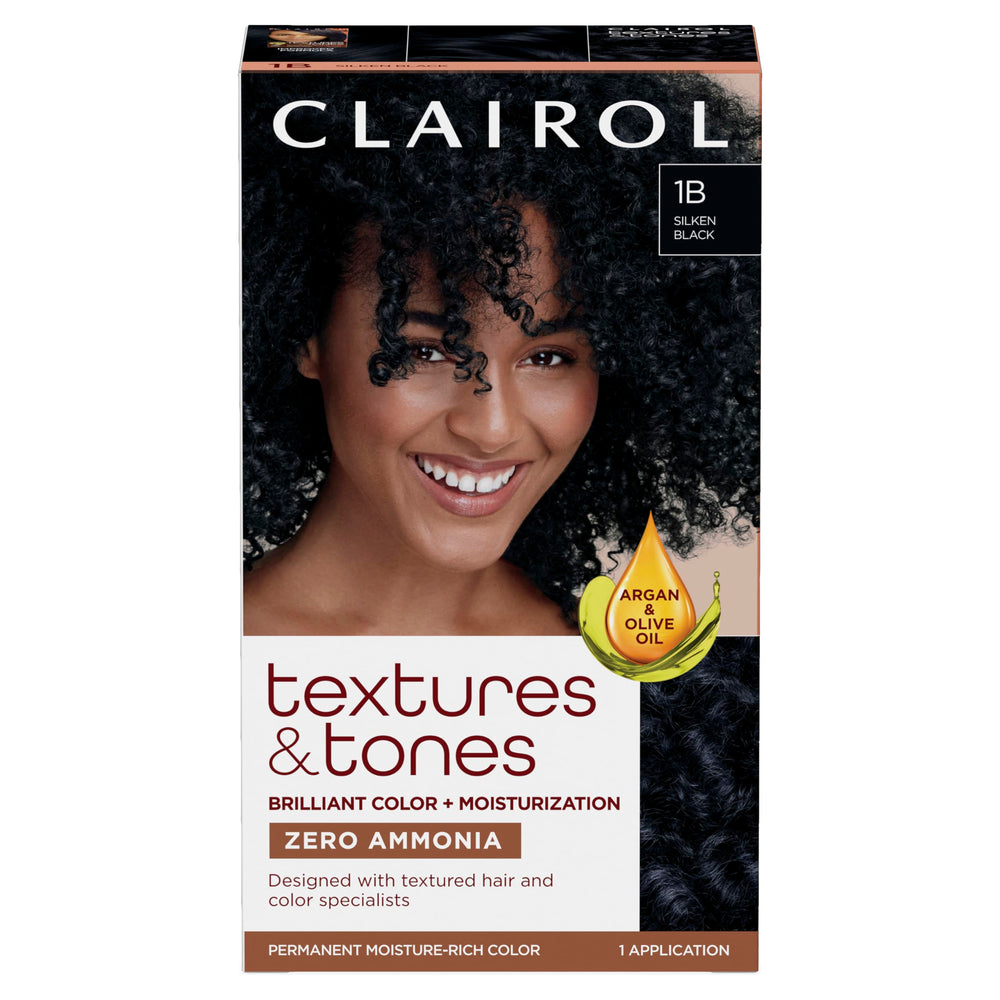 Clairol Textures & Tones 1B Silken Black bottle for rich, even color