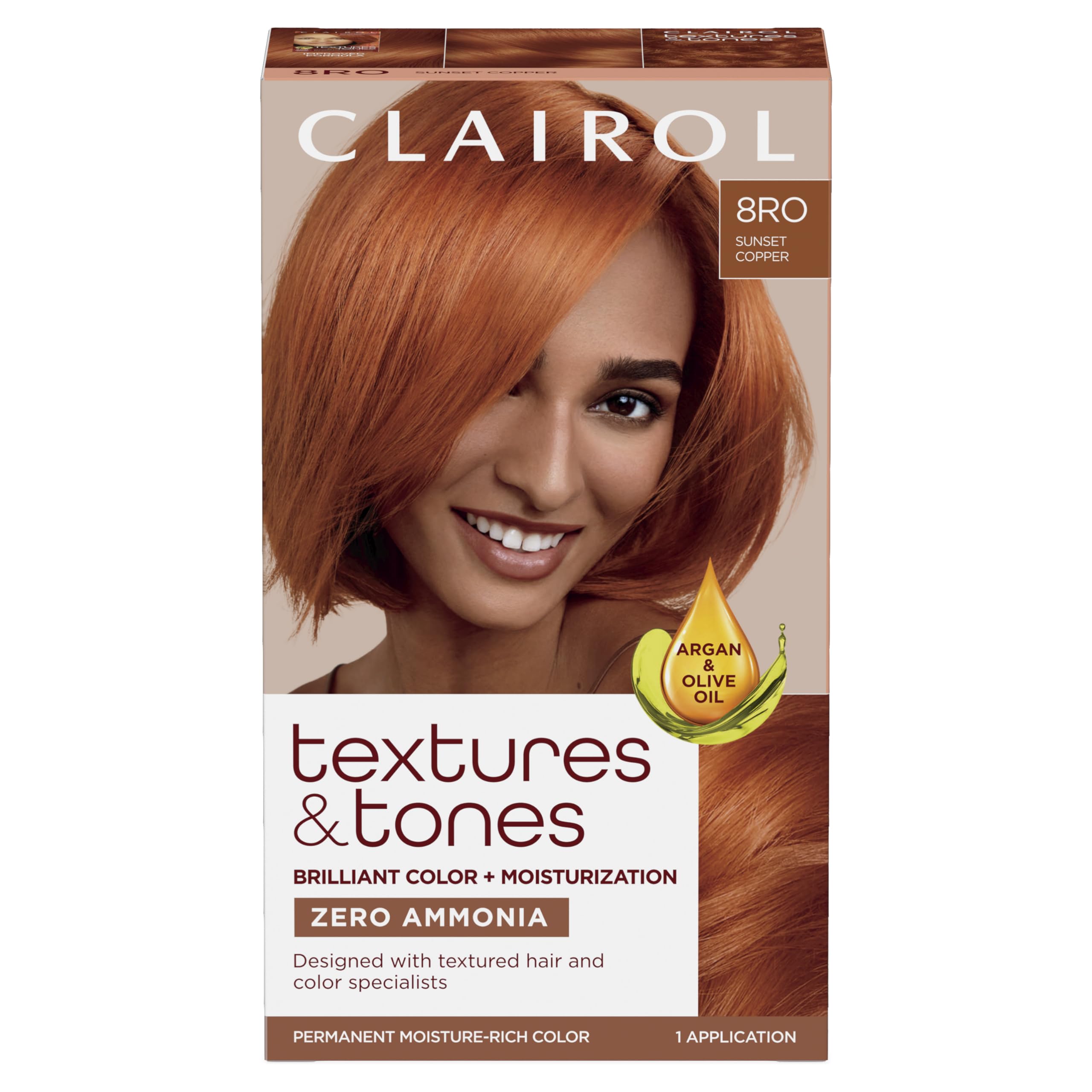 Clairol Textures & Tones Sunset Copper color box front showing vibrant, ammonia-free dye
