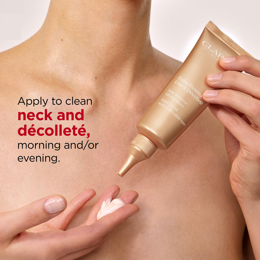 Swiped application on neck and décolleté demonstrates even distribution and subtle firming.