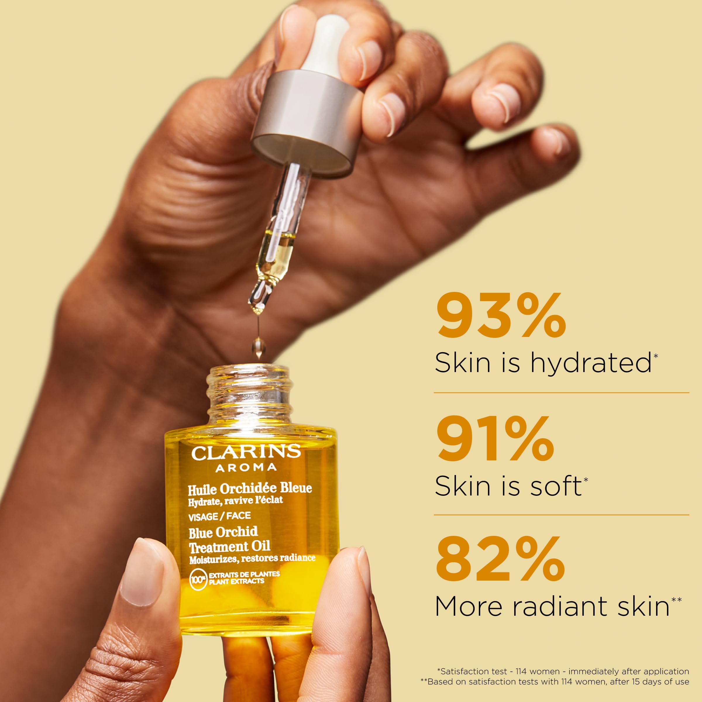 Clarins Blue Orchid Face Oil application demonstrates quick absorption and non-sticky finish.