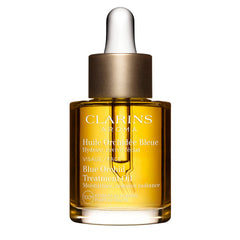 Clarins Blue Orchid Face Oil bottle shown for hydrating, radiant skin.