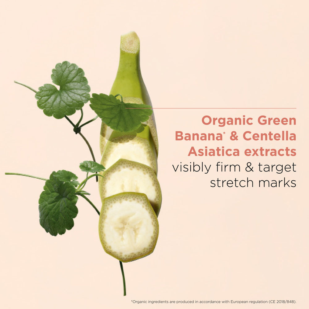 Clarins Body Partner Stretch Mark Expert applied on a pregnant belly for hydration
