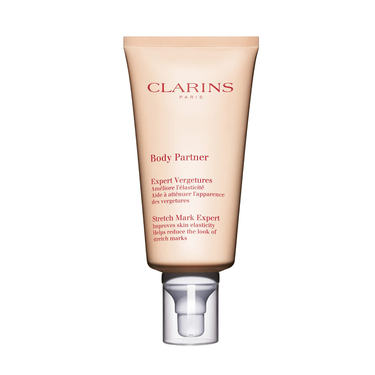 Clarins Body Partner Stretch Mark Expert bottle close-up with fragrance-free formula