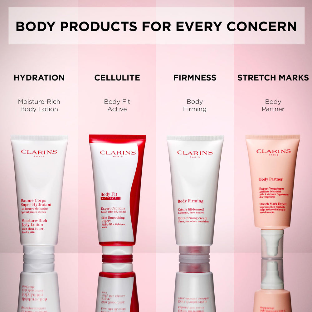 Box and tube of Clarins Body Partner Stretch Mark Expert displayed