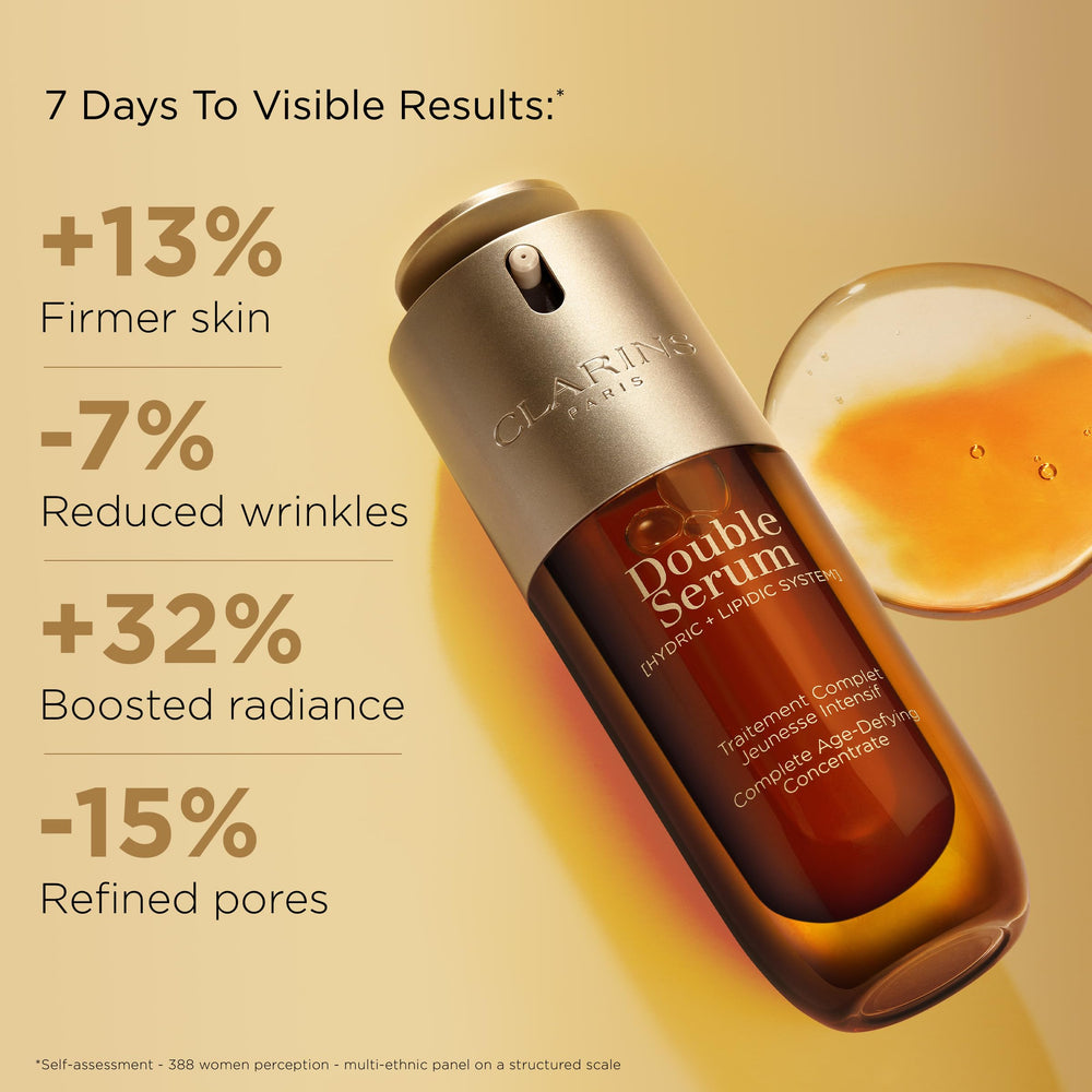 Clarins Double Serum bottle cap close-up suggests sealed formula for lasting freshness
