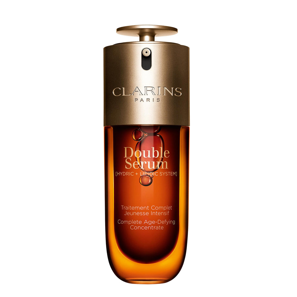 Clarins DOUBLE SERUM bottle closeup showing premium packaging and hydration-ready formula