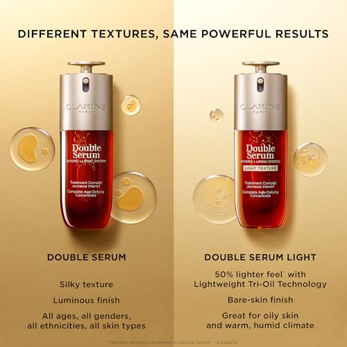 Clarins DOUBLE SERUM bottle on shelf in clean setup