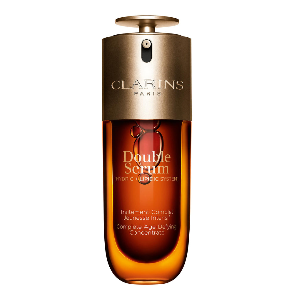 Clarins Double Serum bottle pour highlights smooth application for immediate hydration