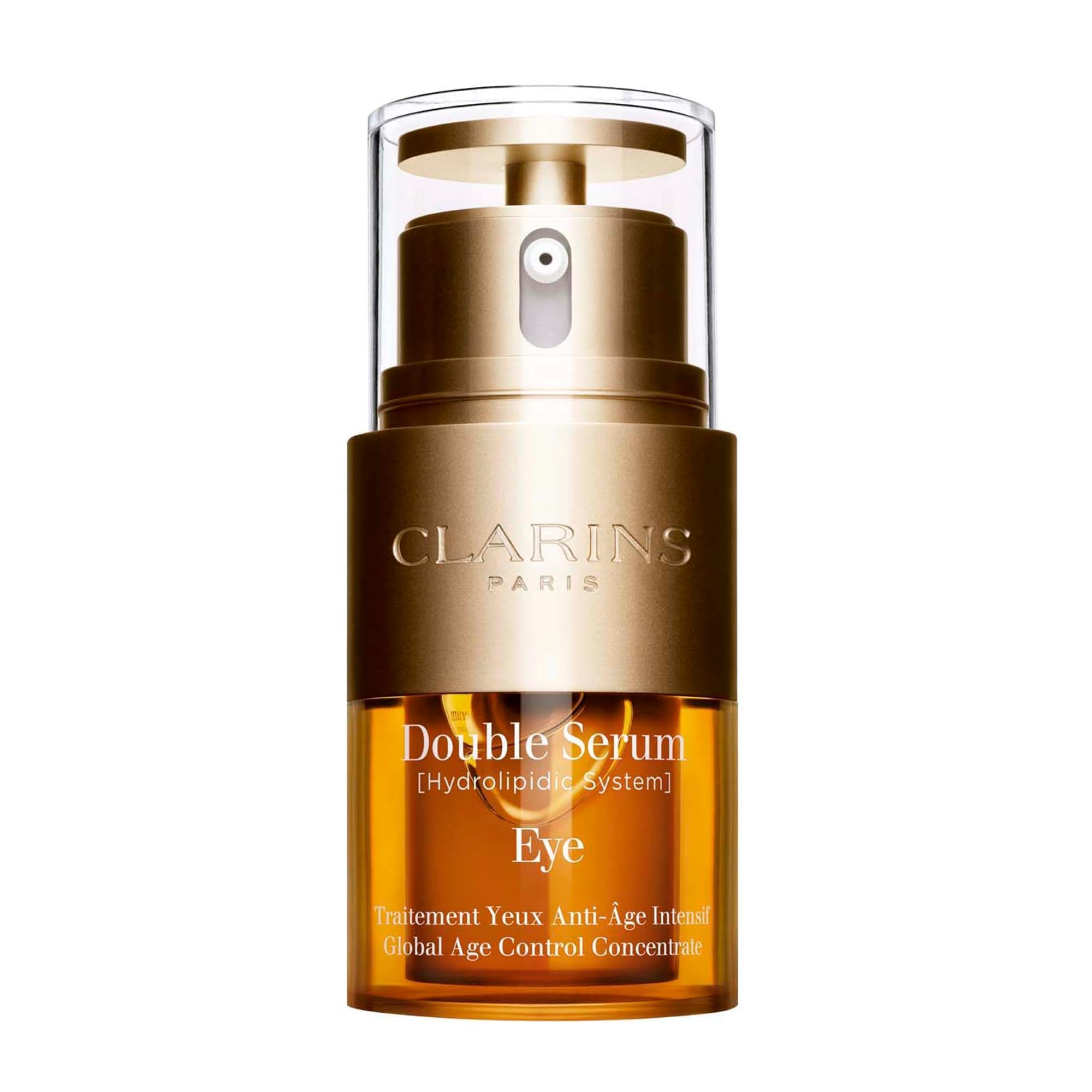 Clarins Double Serum Eye bottle close-up for hydrating care.