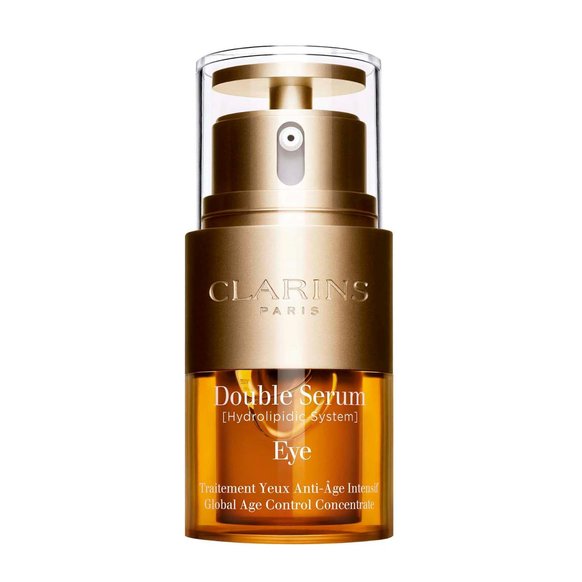 Clarins Double Serum Eye bottle close-up for hydrating care.