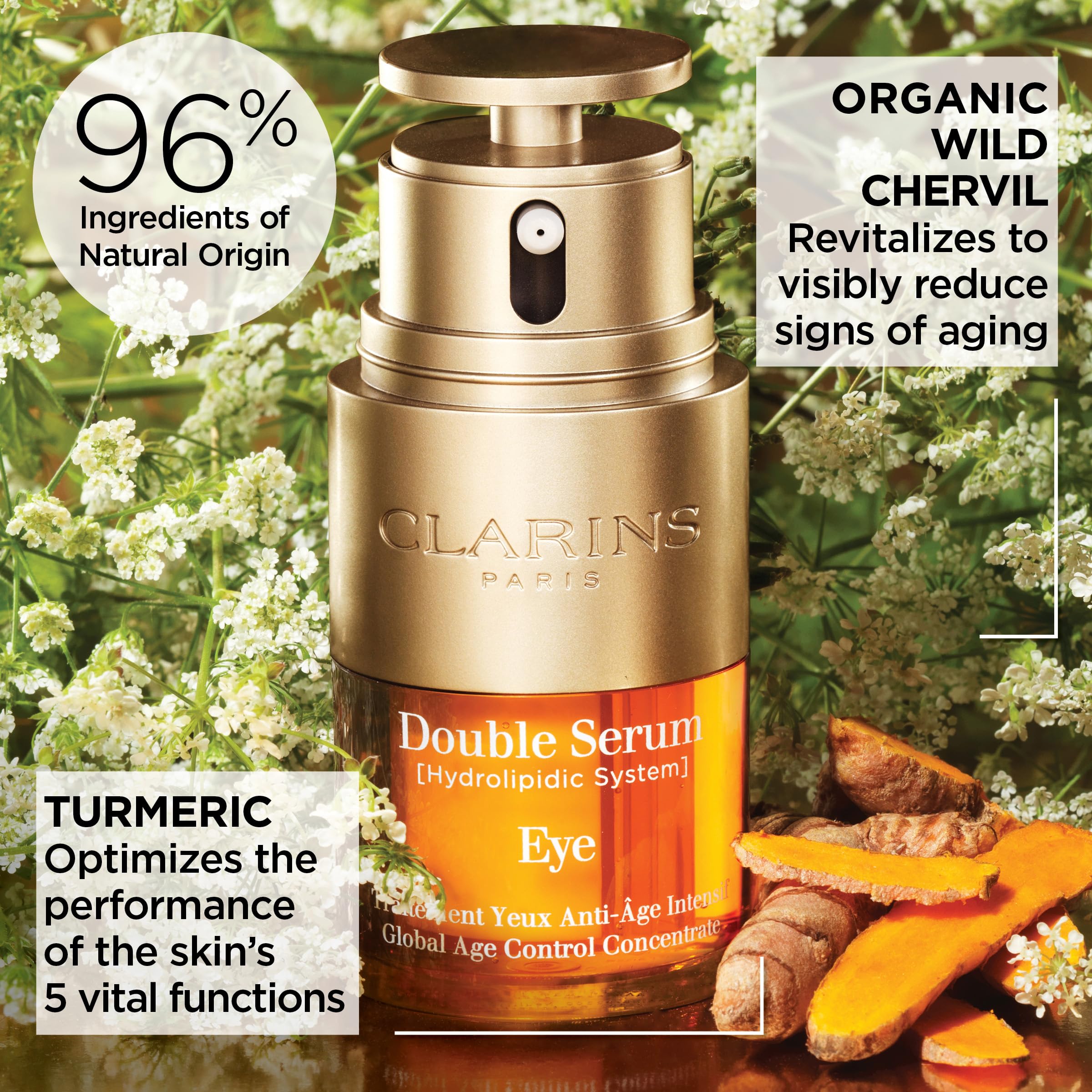 Clarins Double Serum Eye finger application close-up showing silky texture.