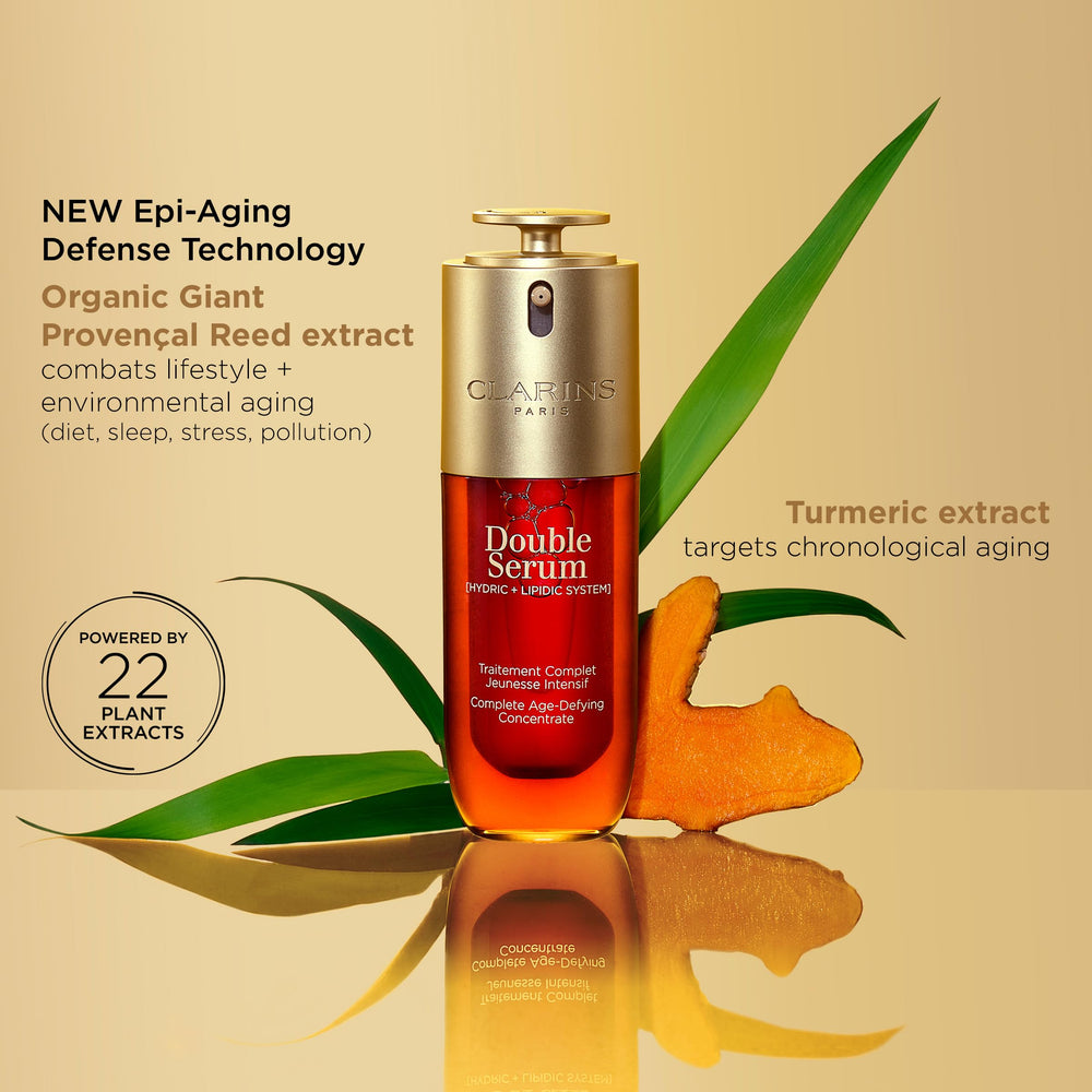 Clarins Double Serum face application massage promotes a firmer-feeling, refreshed look.