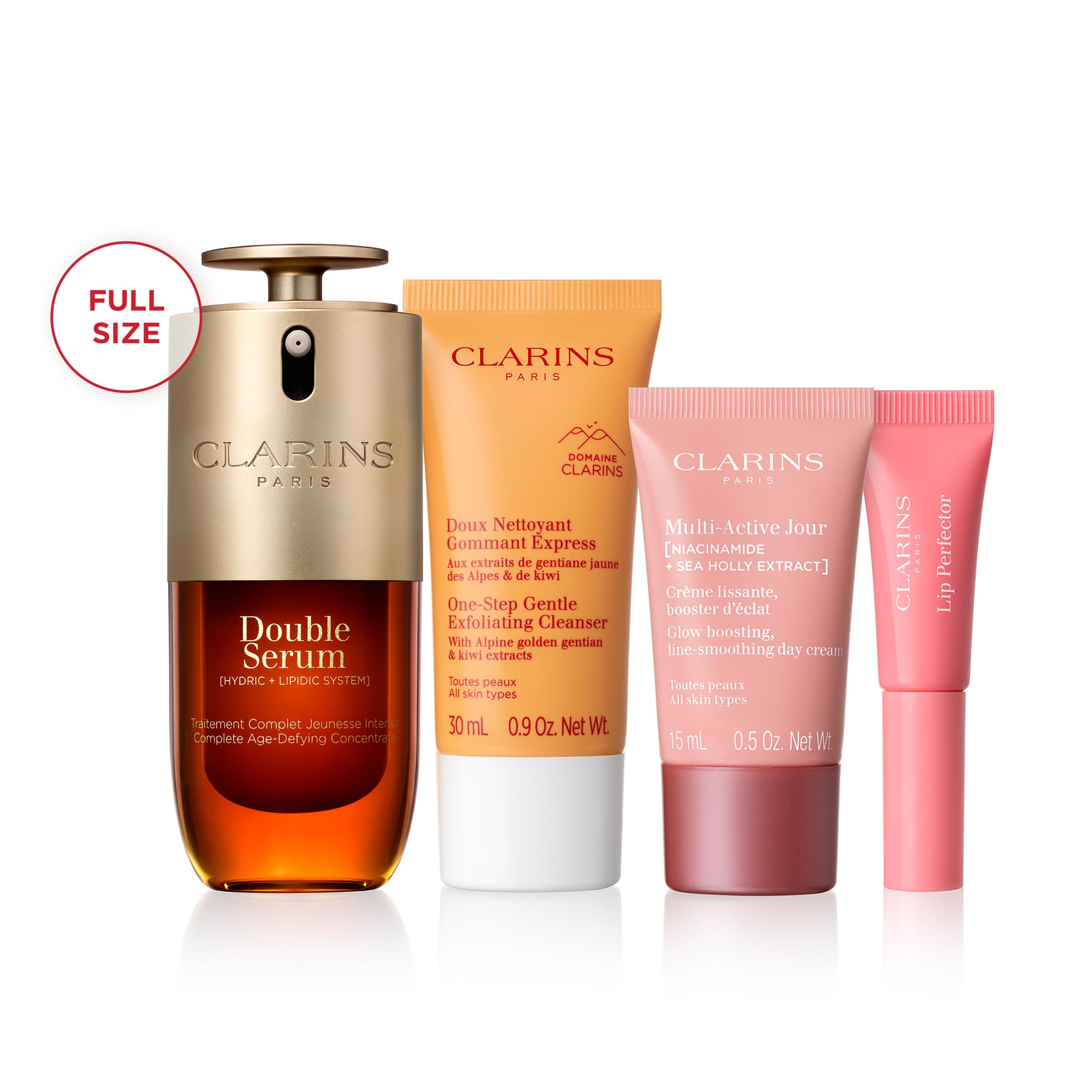 Clarins Double Serum full-size bottle close-up, showcasing premium skincare for everyday use.