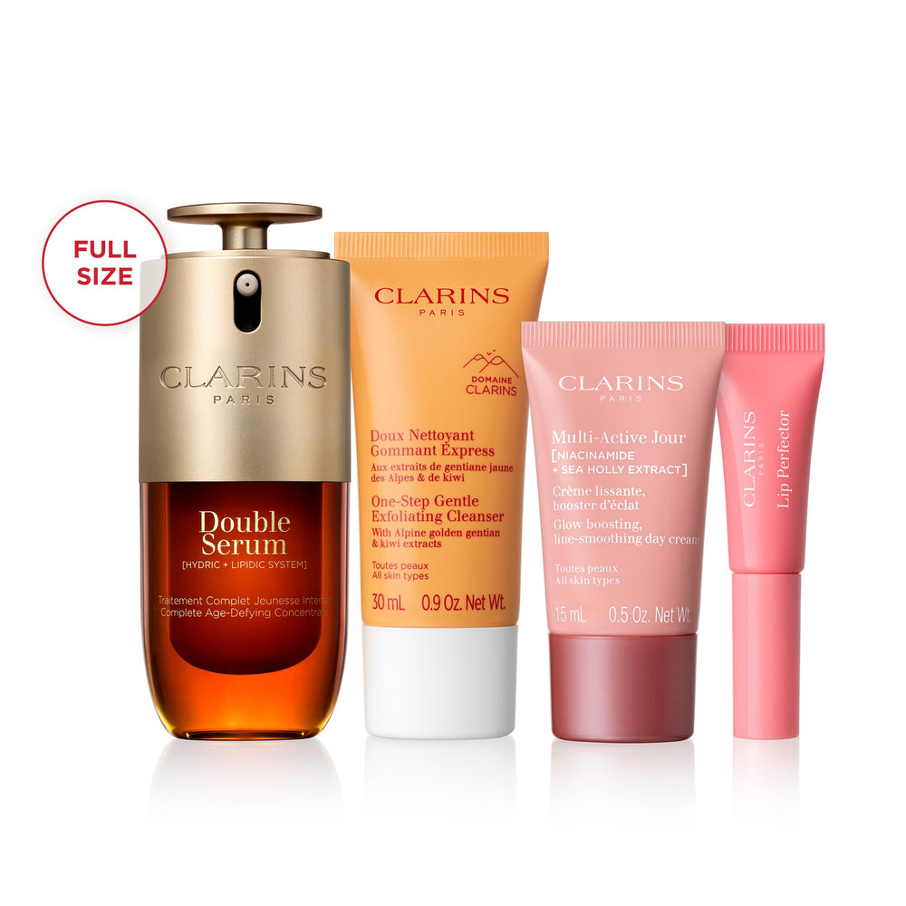 Clarins Double Serum full-size bottle close-up, showcasing premium skincare for everyday use.