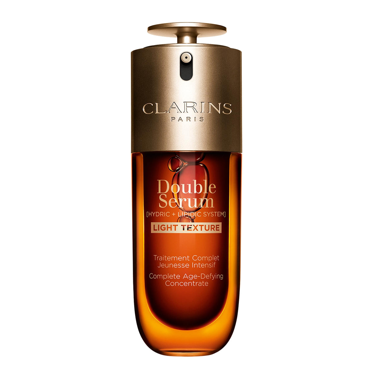 Clarins Double Serum Light Texture bottle close-up reveals bare-skin radiance potential